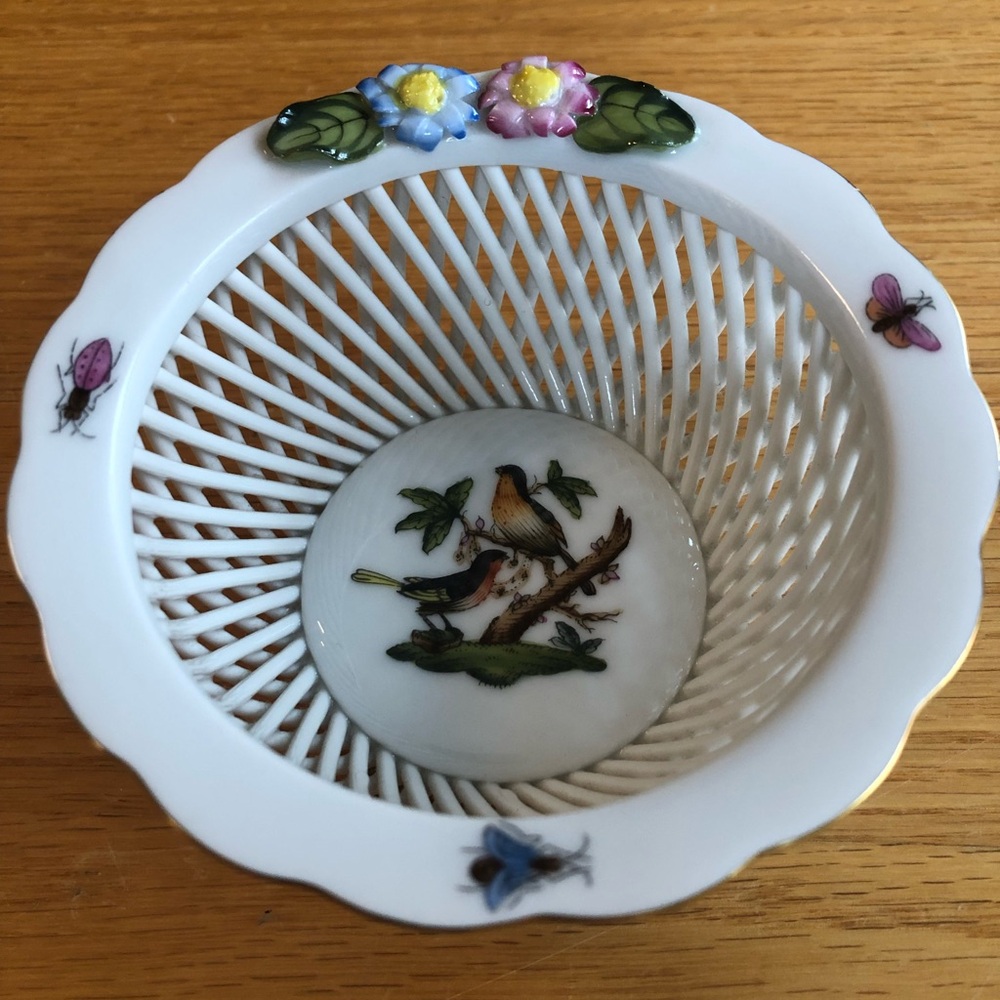 Herend Rothschild Bird & Butterfly Open Weave Basket Dish